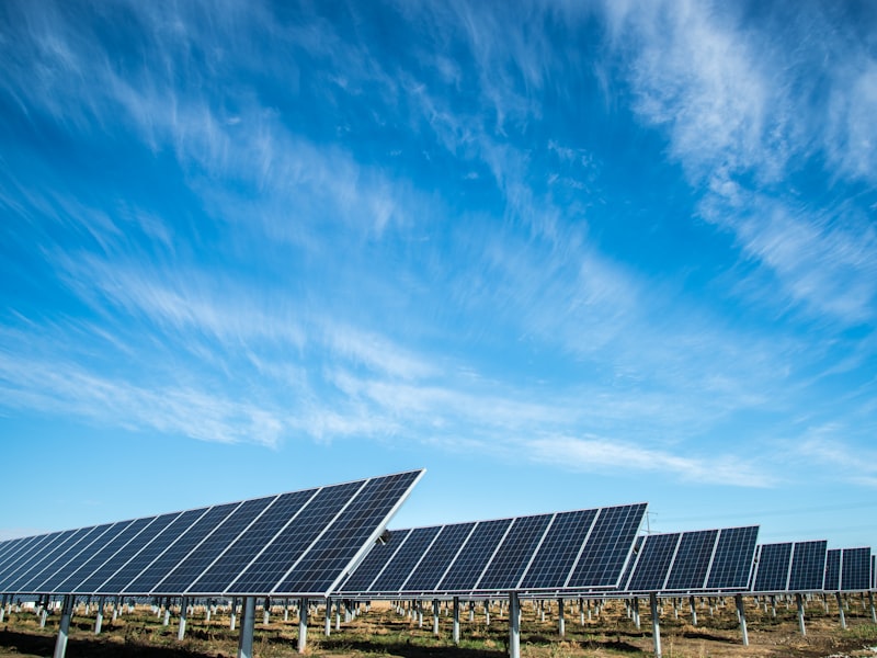 Large flat commercial rooftop covered with rows of solar panels seen from above