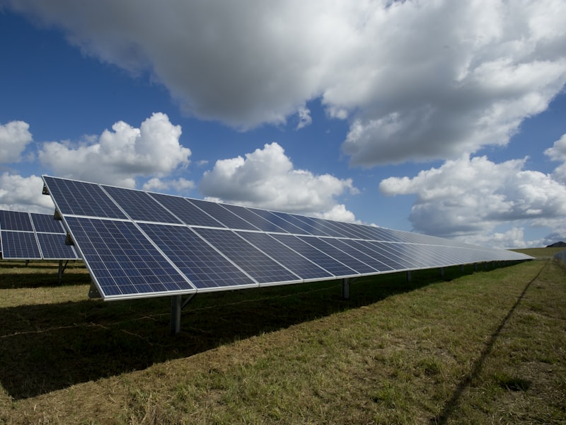 Ground-mounted rows of solar panels in an open field under a clear blue sky